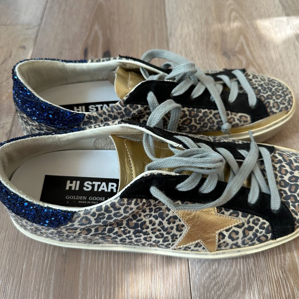 WORN ONCE - Golden Goose Hi-Star Sneakers - Suede Leopard with Navy Glitter